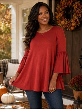 Azules Rust Orange Bell Sleeve Tunic Top Women’s M Boho Flowy Made USA NWOT